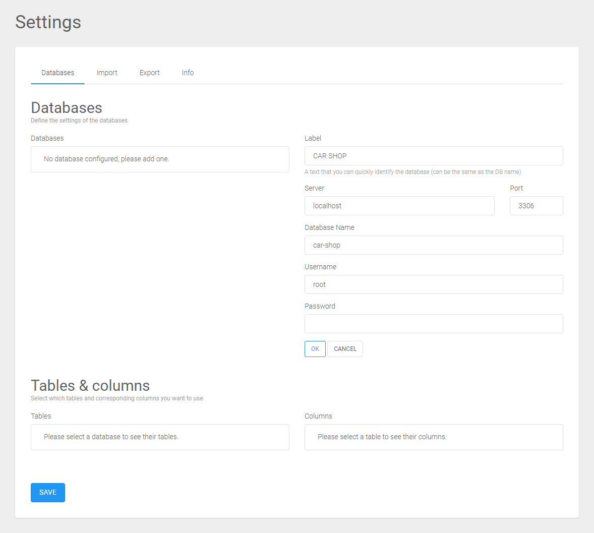 Adding the database access information